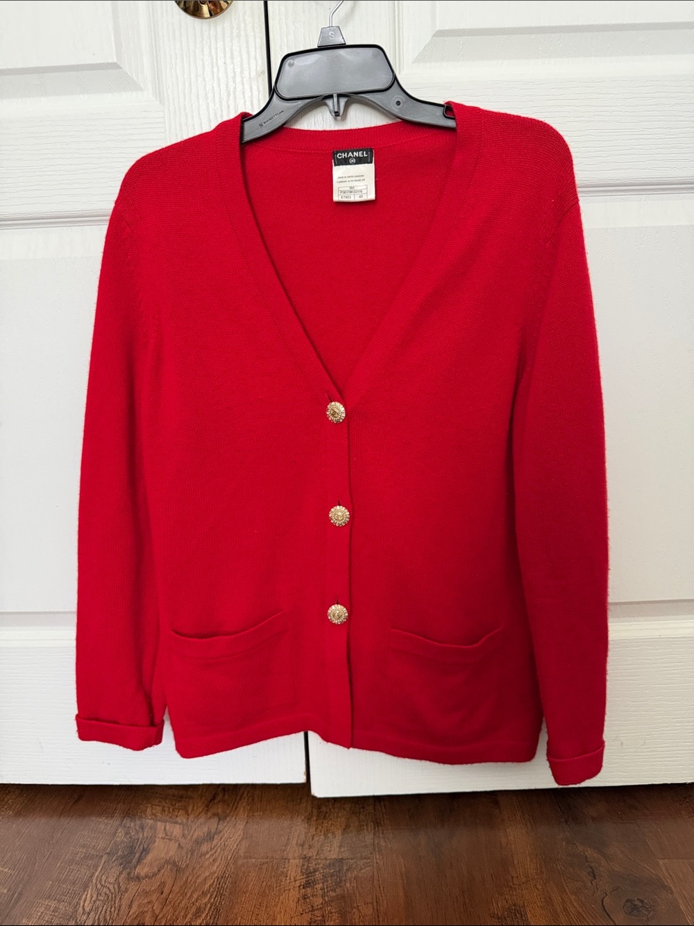 CHANEL Red V-Neck Cardigan with Gold Buttons